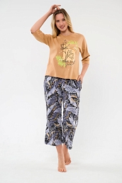 Пижама женская (футболка и брюки) из кулирки Мечта / Тропики горчица